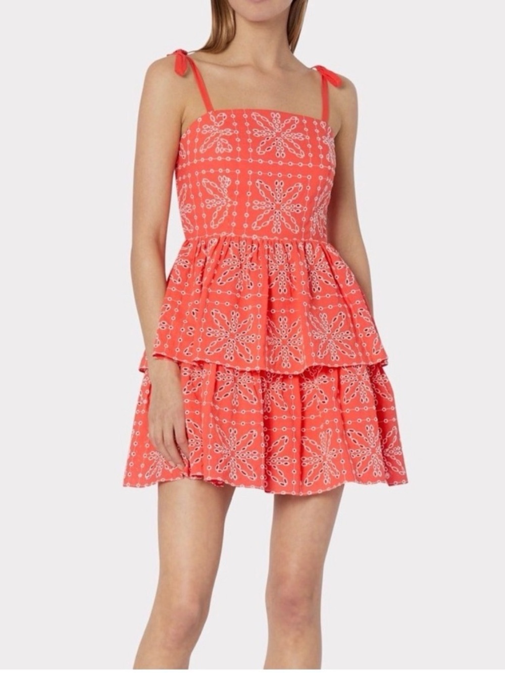Milly Easton Vibrant Orange Tie-Shoulder eyelet embroidered Sundress